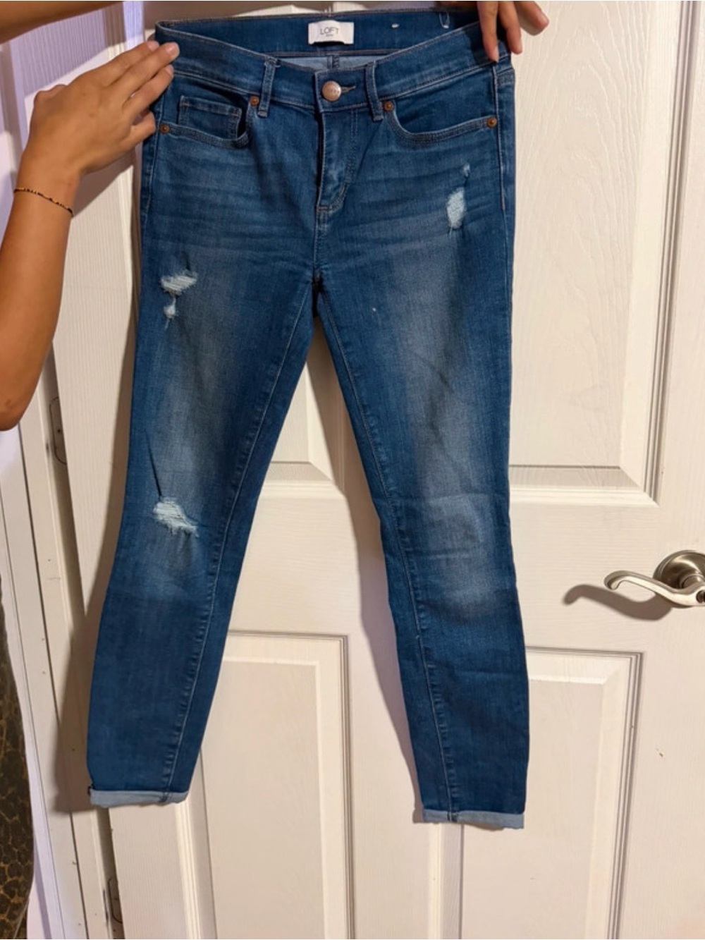 LOFT Skinny Jeans in Distressed Blue Wash
